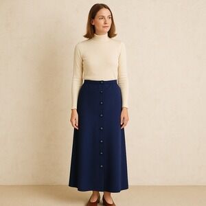 Vintage 70s 80s Ample Togs Navy Blue‎ Maxi Skirt Button Front Elastic Waist Boho